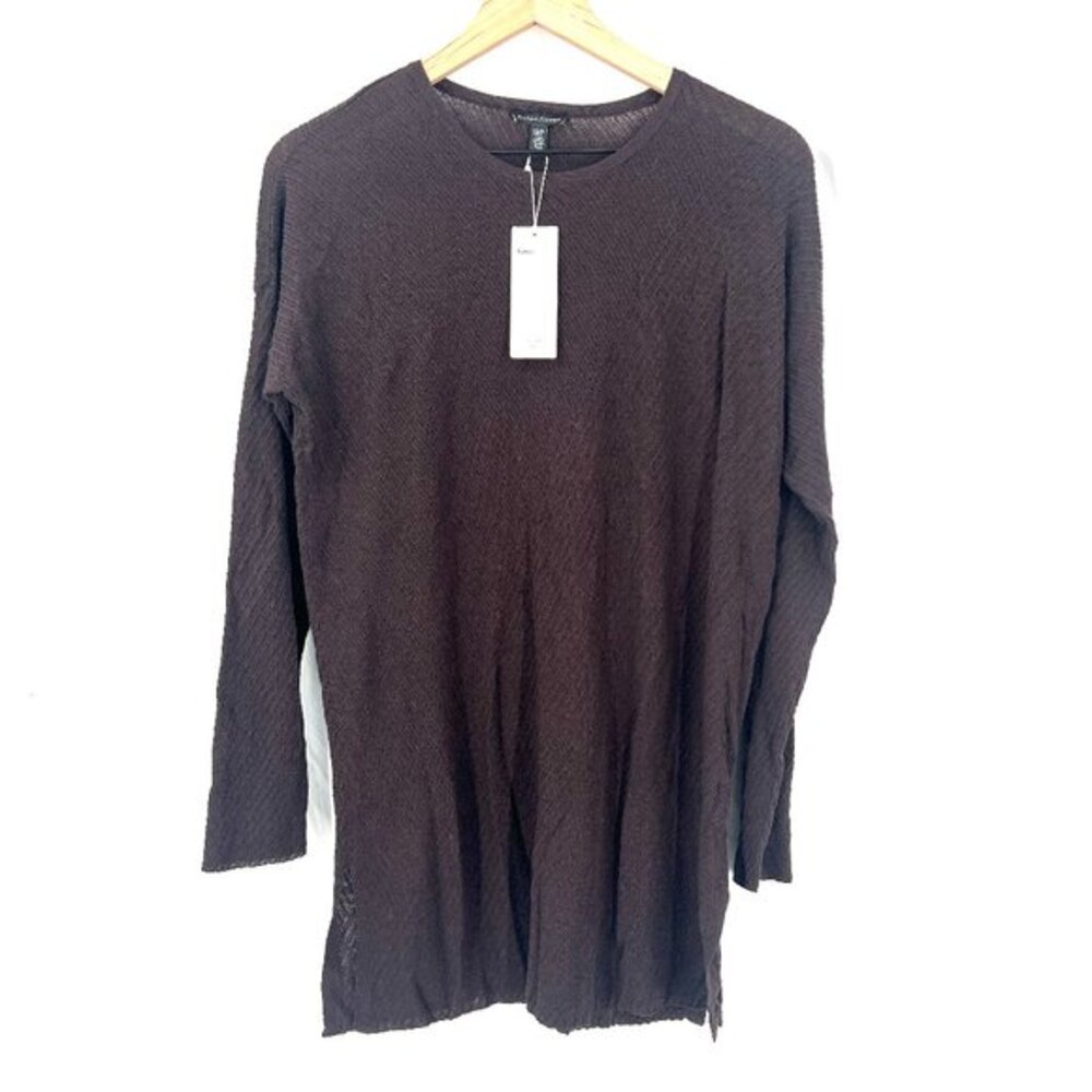 NEW Eileen Fisher round neck tunic top clove brown textured‎ ribbed blouse XS